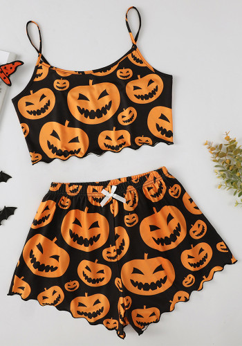 Halloween pumpkin print sleeveless suspender top and shorts Pajama two-piece suit