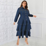 Plus Size Women's Denim Long Sleeve Turndown Collar layer Long Dress