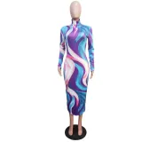 Women's Autumn Winter Painted Print Long Sleeve Slim Dress
