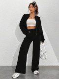 Spring autumn two-piece trendy solid color zipper long sleeve loose top elastic sweatpants two-piece set