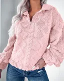 Women Solid Half Zipper Stand Collar Loose Top