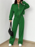 Spring autumn two-piece trendy solid color zipper long sleeve loose top elastic sweatpants two-piece set