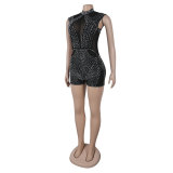 Women Beaded See-Through Sleeveless Elastic Romper