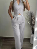 Women vest and Contrast color high waist wide leg pants Casual two-piece suit