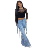 Women Style Street Stretch Denim Bell Bottom Cargo Pants