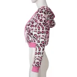 Street leopard Print Long Sleeve zipper Hoodie Drawstring Mini skirt Two-piece Set