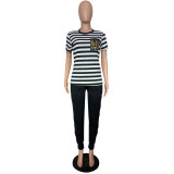 Women's Autumn Fashion Black and White Striped Casual Sports short sleeve two piece pants Set