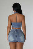 Women denim cross embroidery casual stretch denim top and skirt two-piece set