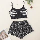 Halloween pumpkin print sleeveless suspender top and shorts Pajama two-piece suit