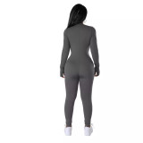 Autumn Winter solid color long sleeve tight slim casual zipper sports jumpsuit