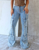 Women Style Street Stretch Denim Bell Bottom Cargo Pants