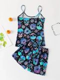 Halloween skull bone flower print suspender top and shorts pajamas set