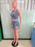 Women denim cross embroidery casual stretch denim top and skirt two-piece set