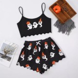 Halloween pumpkin print sleeveless suspender top and shorts Pajama two-piece suit