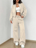 Spring autumn two-piece trendy solid color zipper long sleeve loose top elastic sweatpants two-piece set