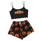 Halloween pumpkin print sleeveless suspender top and shorts Pajama two-piece suit