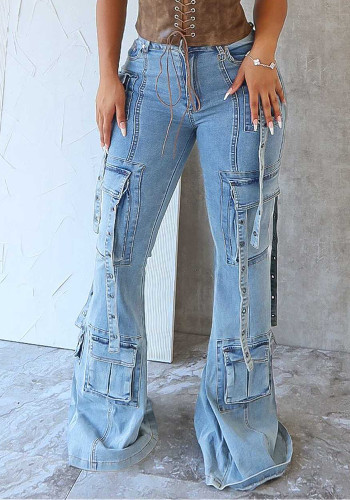 Women Style Street Stretch Denim Bell Bottom Cargo Pants