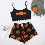 Halloween pumpkin print sleeveless suspender top and shorts Pajama two-piece suit