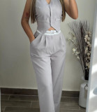 Women vest and Contrast color high waist wide leg pants Casual two-piece suit