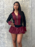 Women Sexy Lace-Up Contrast Long Sleeve Top and Puffy Skirt Set Underwear