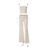 Women Fall Solid Strapless Top and Bell Bottom Long Pants Two-piece Set