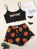 Halloween pumpkin print sleeveless suspender top and shorts Pajama two-piece suit