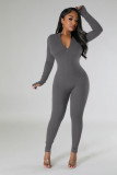 Autumn Winter solid color long sleeve tight slim casual zipper sports jumpsuit