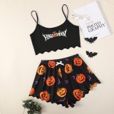 Halloween pumpkin print sleeveless suspender top and shorts Pajama two-piece suit