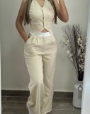 Women vest and Contrast color high waist wide leg pants Casual two-piece suit