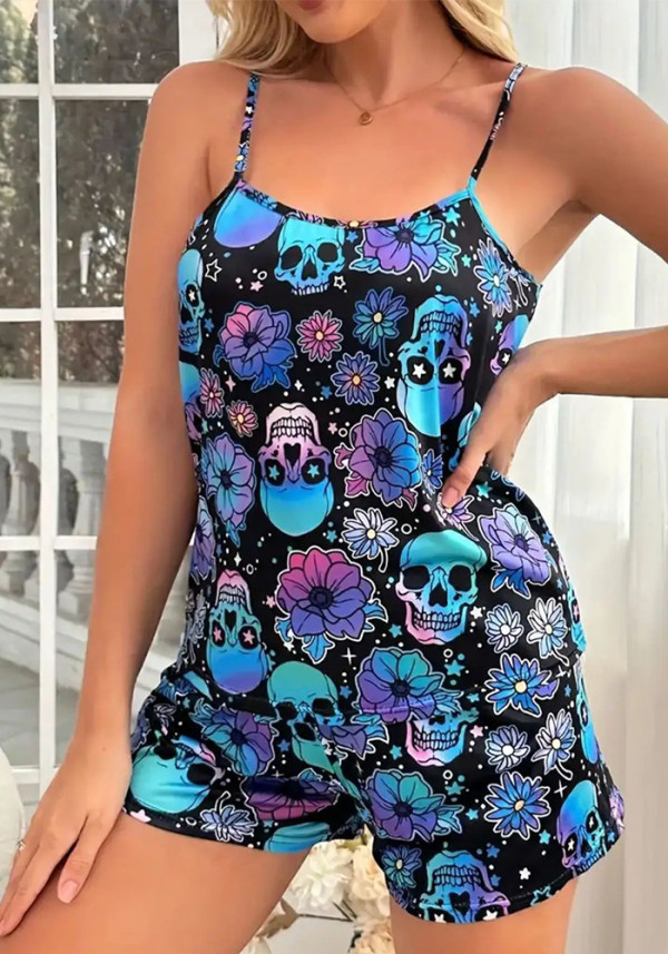 Halloween skull bone flower print suspender top and shorts pajamas set