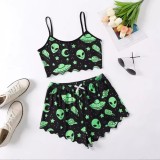 Halloween pumpkin print sleeveless suspender top and shorts Pajama two-piece suit