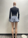 Women Sexy Lace-Up Contrast Long Sleeve Top and Puffy Skirt Set Underwear