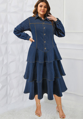 Plus Size Women's Denim Long Sleeve Turndown Collar layer Long Dress