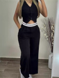 Women vest and Contrast color high waist wide leg pants Casual two-piece suit