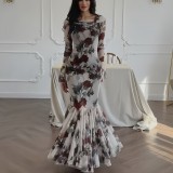 Women French floral print long sleeve dress