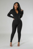 Autumn Winter solid color long sleeve tight slim casual zipper sports jumpsuit