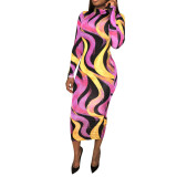 Women's Autumn Winter Painted Print Long Sleeve Slim Dress
