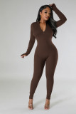 Autumn Winter solid color long sleeve tight slim casual zipper sports jumpsuit