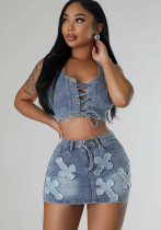 Women denim cross embroidery casual stretch denim top and skirt two-piece set