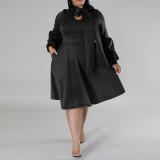 Plus Size Women's tied Neck Puff Long Sleeve A-line Dress