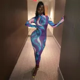 Women's Autumn Winter Painted Print Long Sleeve Slim Dress