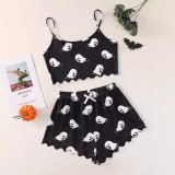 Halloween pumpkin print sleeveless suspender top and shorts Pajama two-piece suit