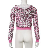 Street leopard Print Long Sleeve zipper Hoodie Drawstring Mini skirt Two-piece Set