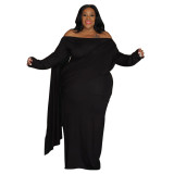 Plus Size Women Off Shoulder Long Sleeve Gathered Dress