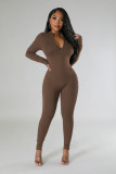 Autumn Winter solid color long sleeve tight slim casual zipper sports jumpsuit