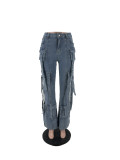 Women Style Street Stretch Denim Bell Bottom Cargo Pants