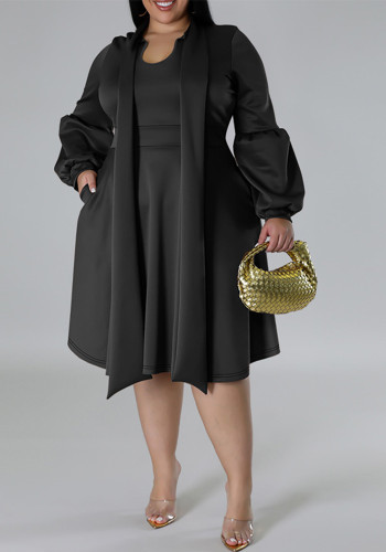 Plus Size Women's tied Neck Puff Long Sleeve A-line Dress