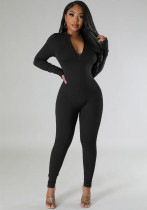 Autumn Winter solid color long sleeve tight slim casual zipper sports jumpsuit