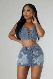 Women denim cross embroidery casual stretch denim top and skirt two-piece set