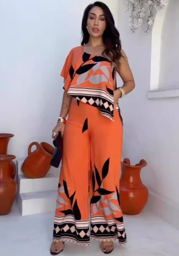 Printed Slash Shoulder Irregular Wide Leg Jumpsuit